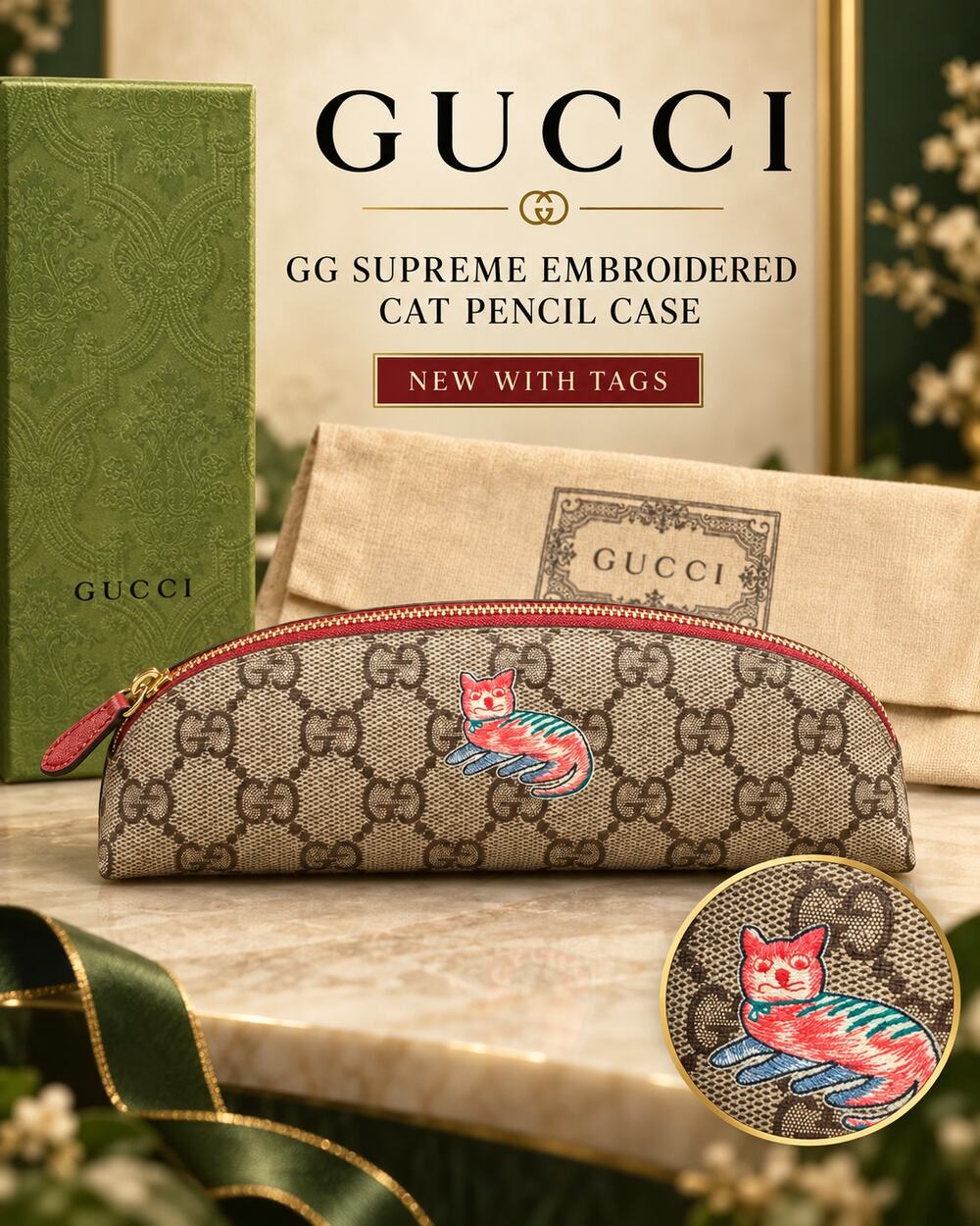 CW024 Gucci GG Supreme Embroidered Cat Pencil Case*FULL SET with tags